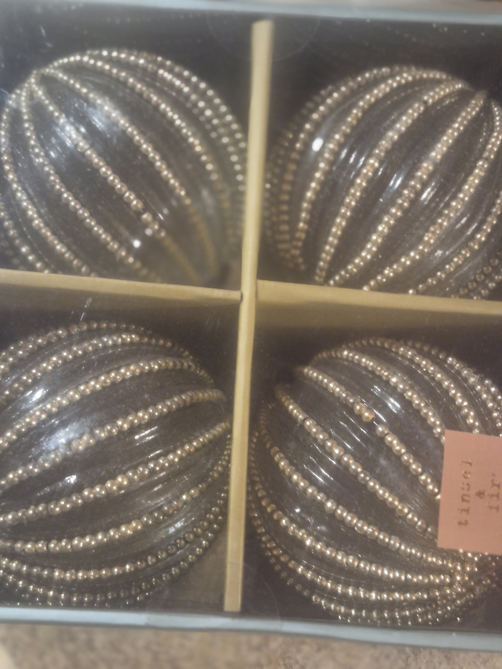 New In Package  GLASS  BEADED TINSEL & FIR CHRISTMAS ORNAMENTS. SET OF 4.